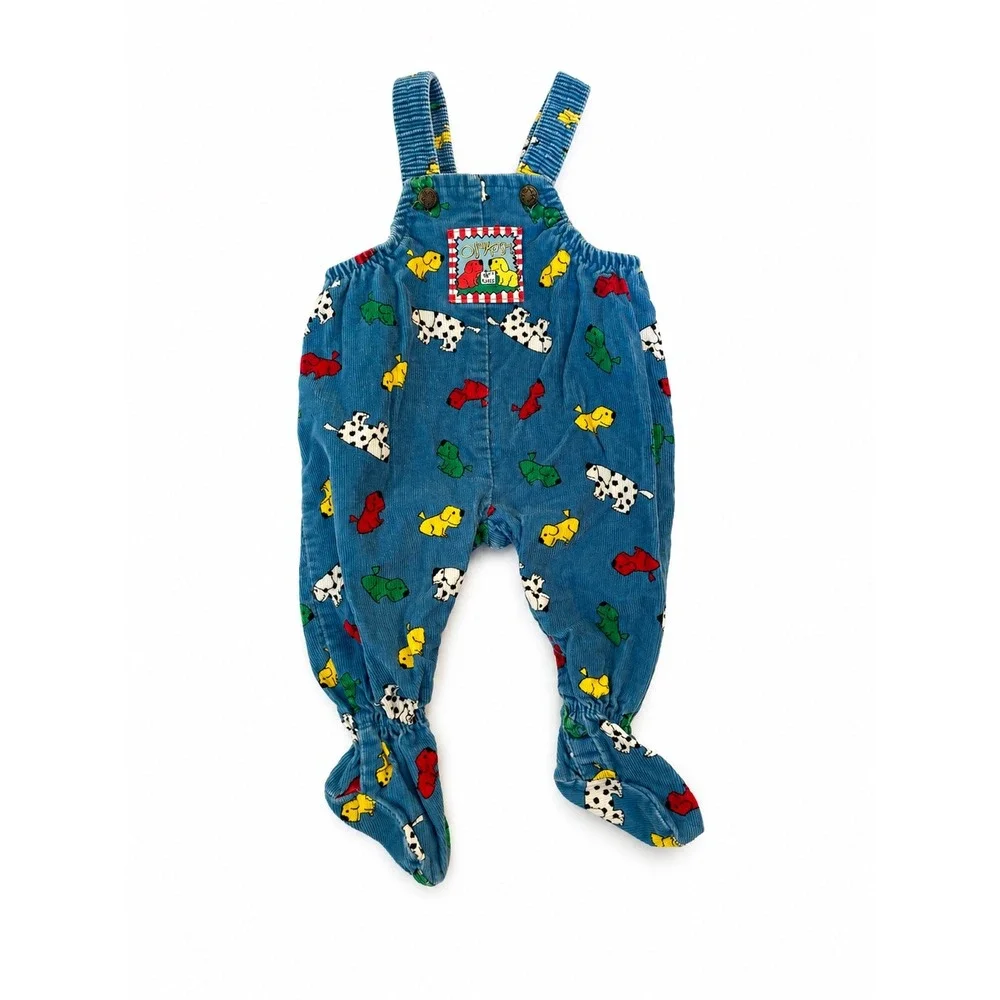 Vintage OshKosh Bgosh Kennel Klub Blue Corduroy Dog Print Footed Overalls 3-6M
